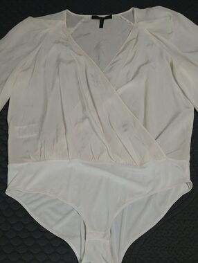 BCBG Maxazria Silk Ivory Wrap Front Bodysuit Large